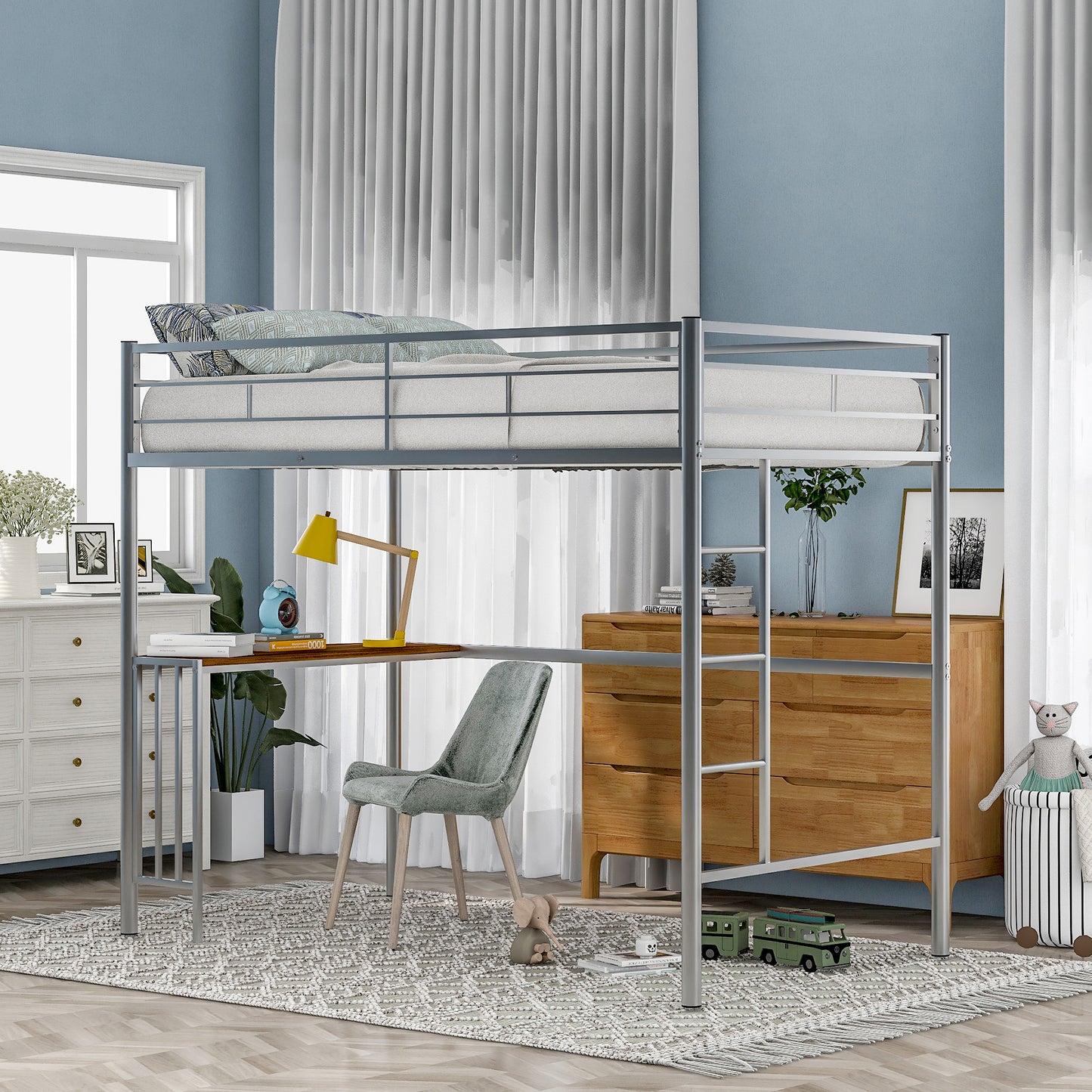 Metal Loft Bed with Built-in Desk, Ladder and Guardrails, Twin Bed for Small Bedrooms, Silver: MF195191AAN