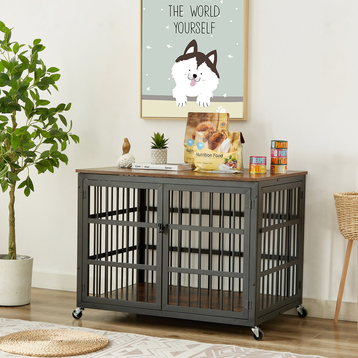 Furniture style dog crate wrought iron frame door with side openings, Rustic Brown, 38.4''W x 27.7''D x 30.2''H.