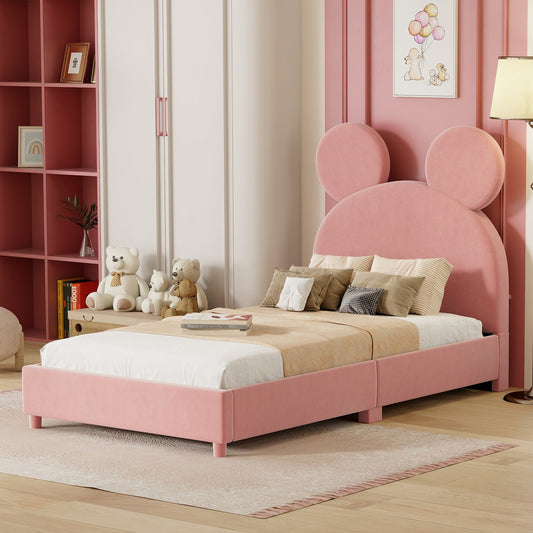 Twin Size Upholstered Platform Bed with Bear Ear Shaped Headboard, Pink