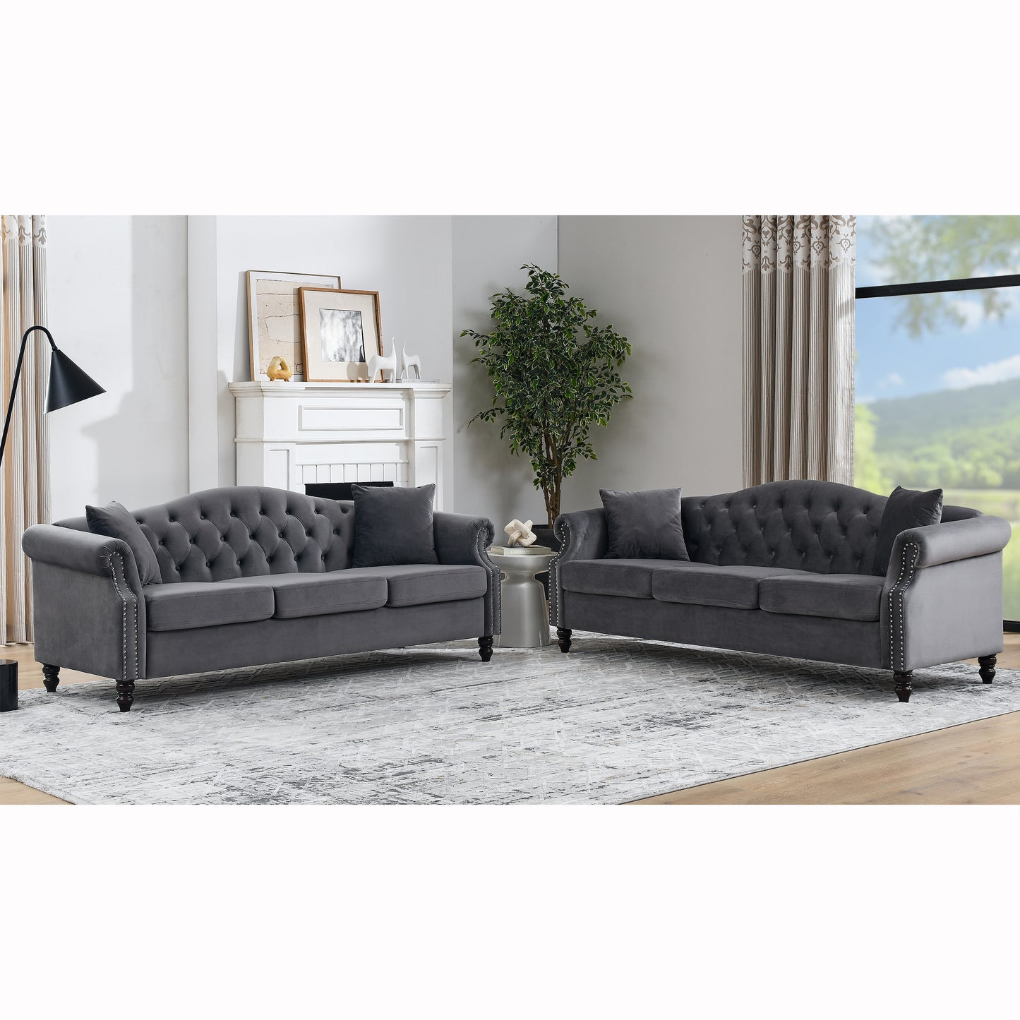 Grey Velvet Chesterfield 3-Seater Sofa Combination with Nailhead Trim