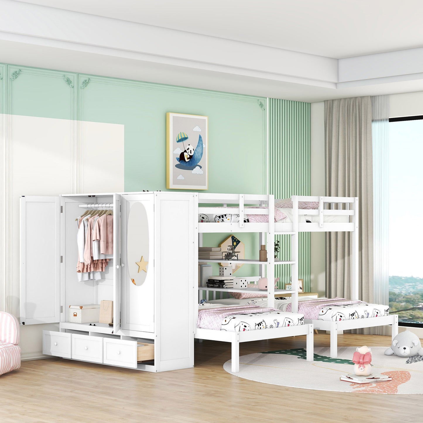 Triple Bunk Bed with Shelves, Wardrobe, and Mirror in White - Space-Saving Family Bunk Bed