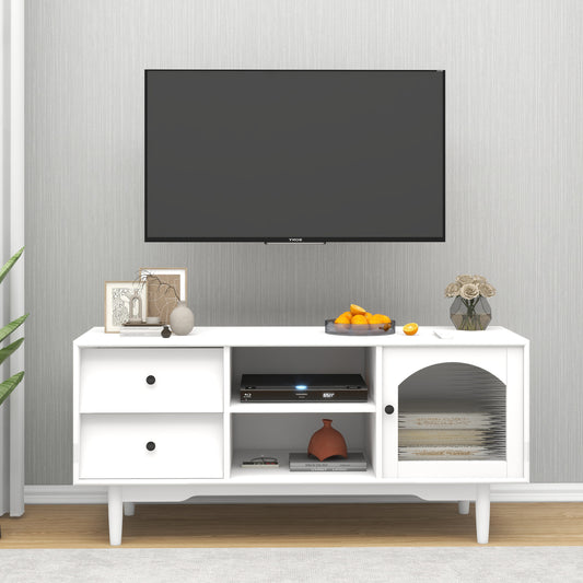 White TV Stand with Drawers, Shelves, and Glass Cabinet for Living Room Storage