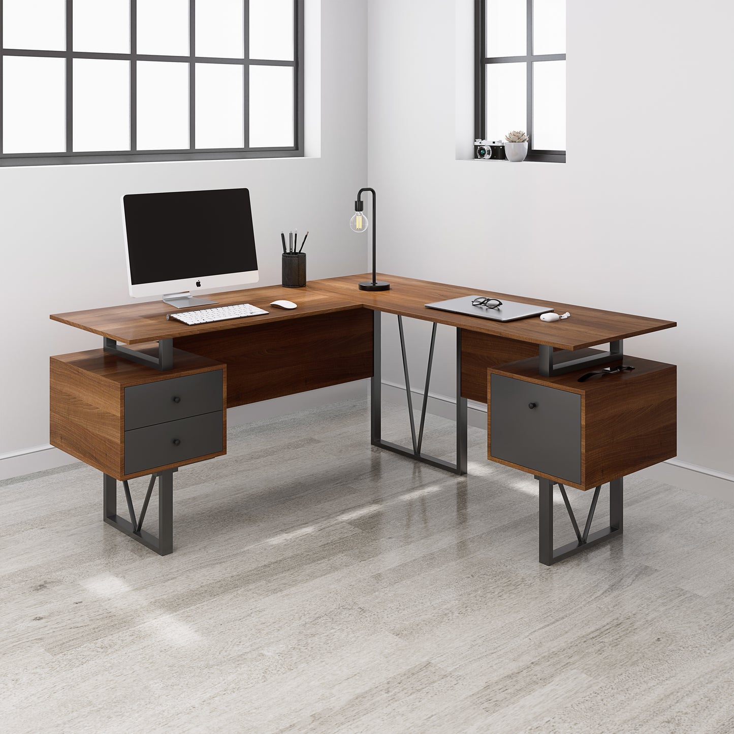 L-Shaped Computer Desk with Walnut Finish, File Cabinet, and Reversible Panels - Contemporary Industrial Design