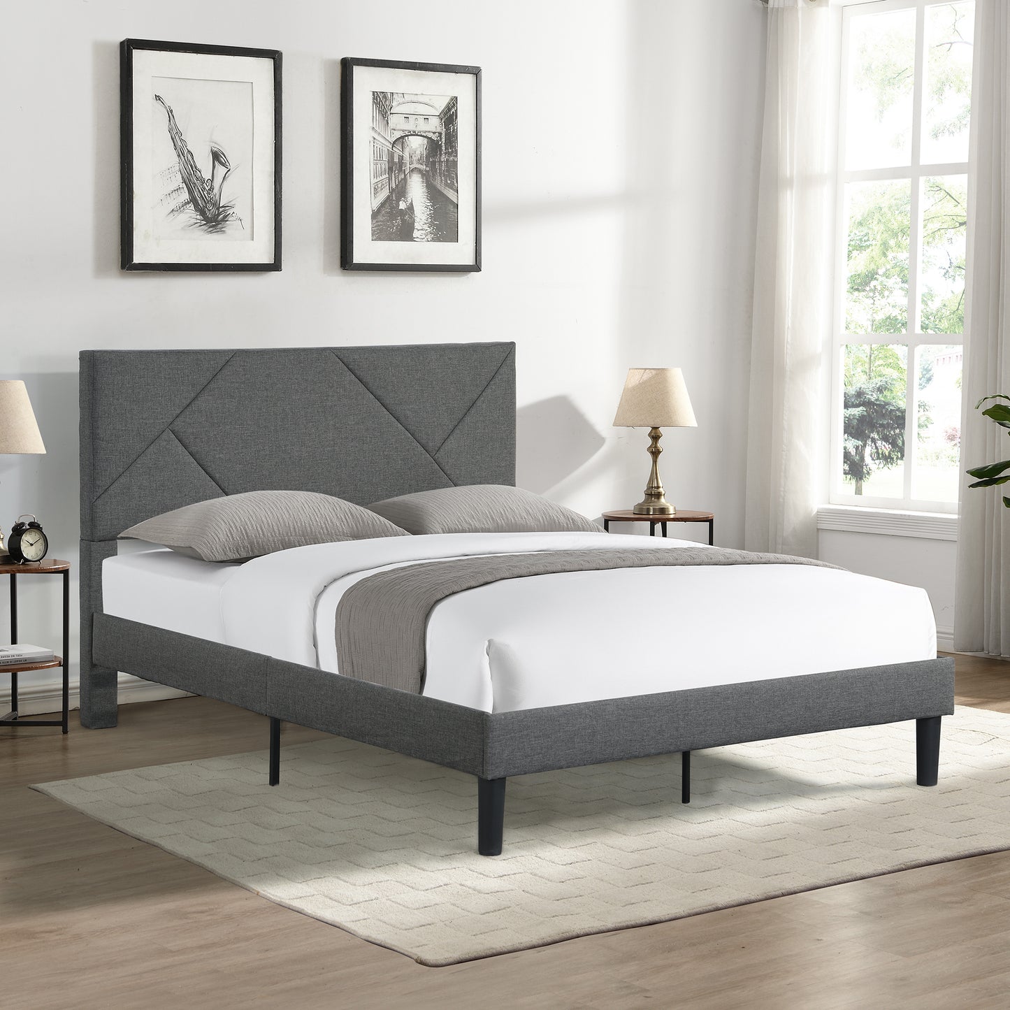 Queen Size Upholstered Platform Bed Frame ,Wood Slat Support, Easy Assembly,Grey