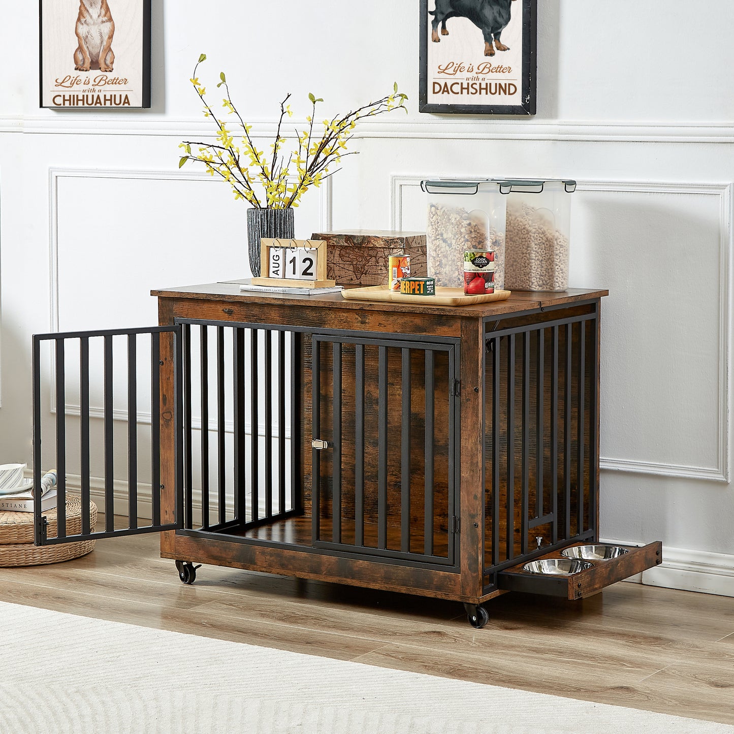 Furniture Style Dog Crate Side Table With Feeding Bowl, Wheels, Three Doors, Flip-Up Top Opening. Indoor, Rustic Brown, 38.58"W x 25.2"D x 27.17"H