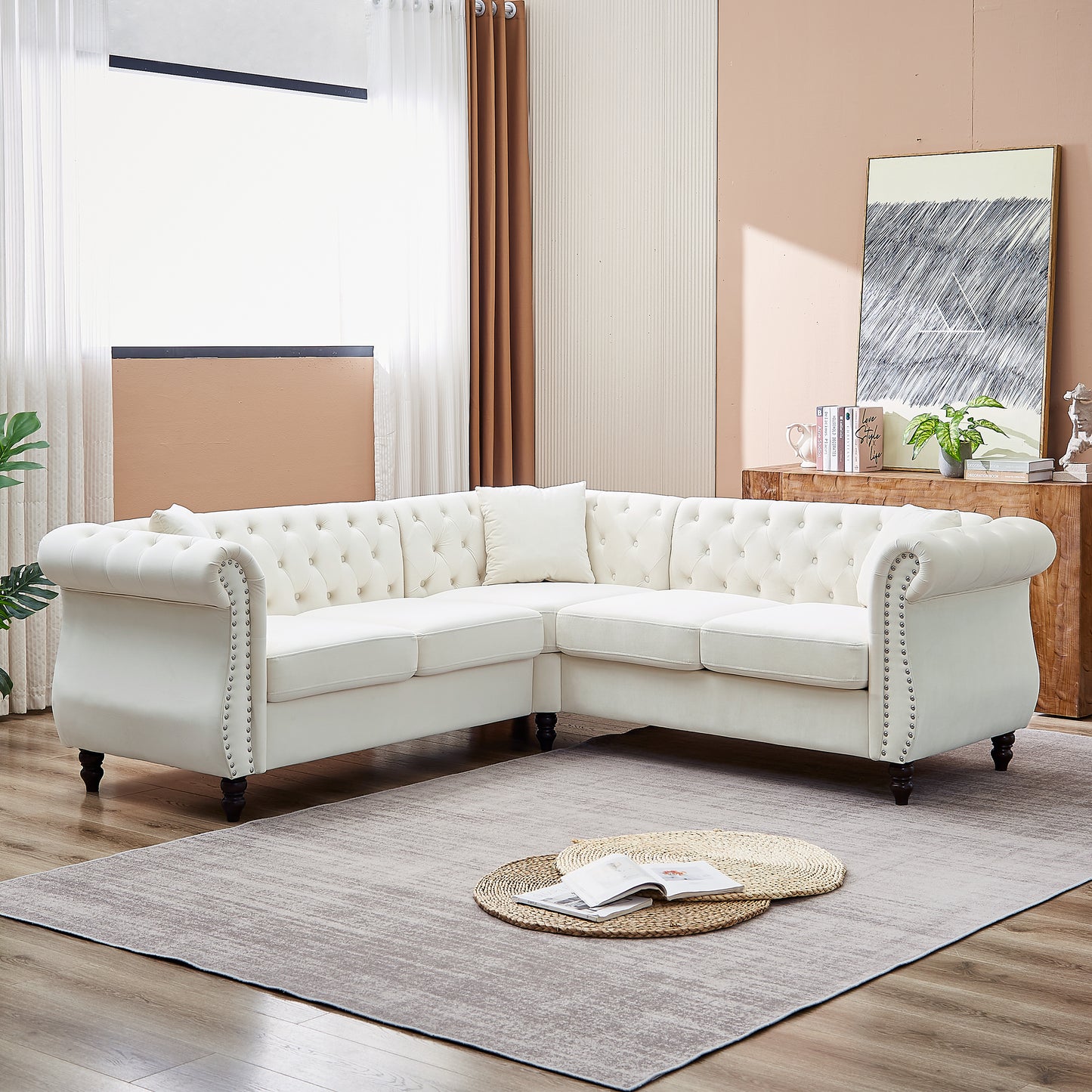 Oversized L-Shaped Sectional Sofa with Metallic Legs and 3 Pillows