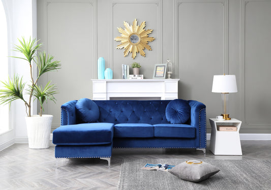 Navy Blue Velvet Sofa Chaise with Mid-Century Design