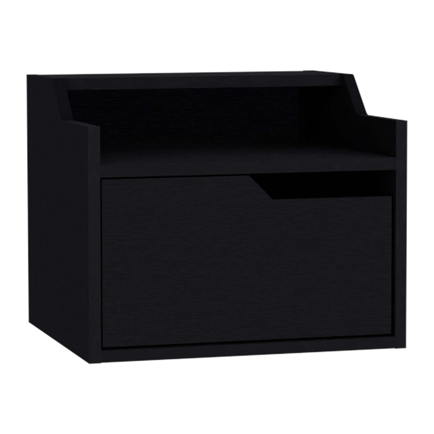 Busan Modern Floating Nightstand, Single-Drawer Design with Sleek Two-Tiered Top Shelf Surfaces- Black - Bedroom