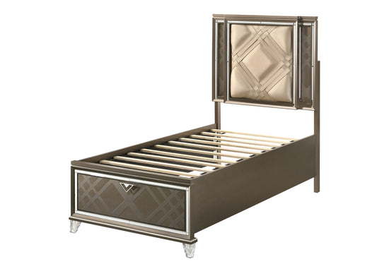 Skylar Twin Bed w/Storage, LED, PU & Dark Champagne 25340T