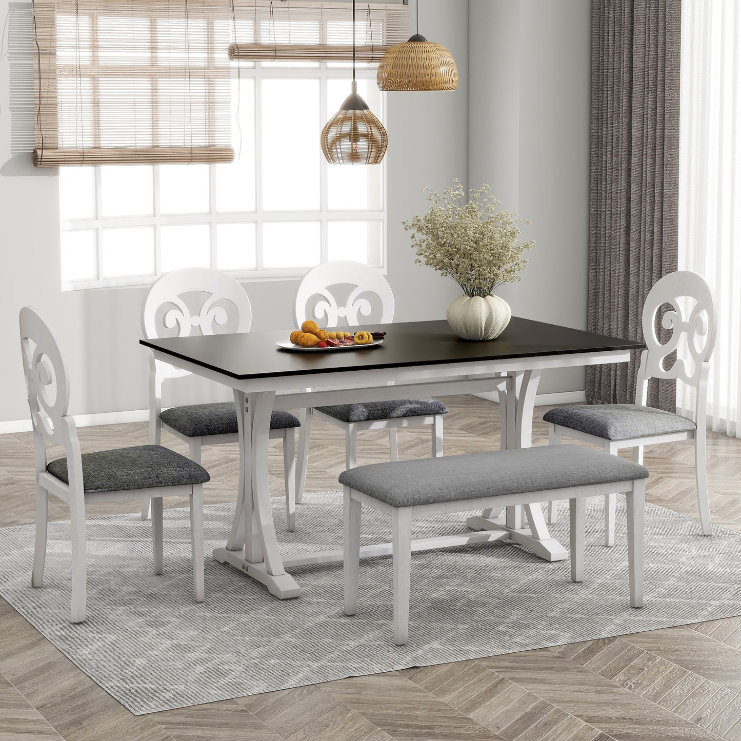 Mid-Century 6-Piece Trestle Table Set with Victorian Round Upholstered Dining Chairs and Long Bench, Gray+Antique White