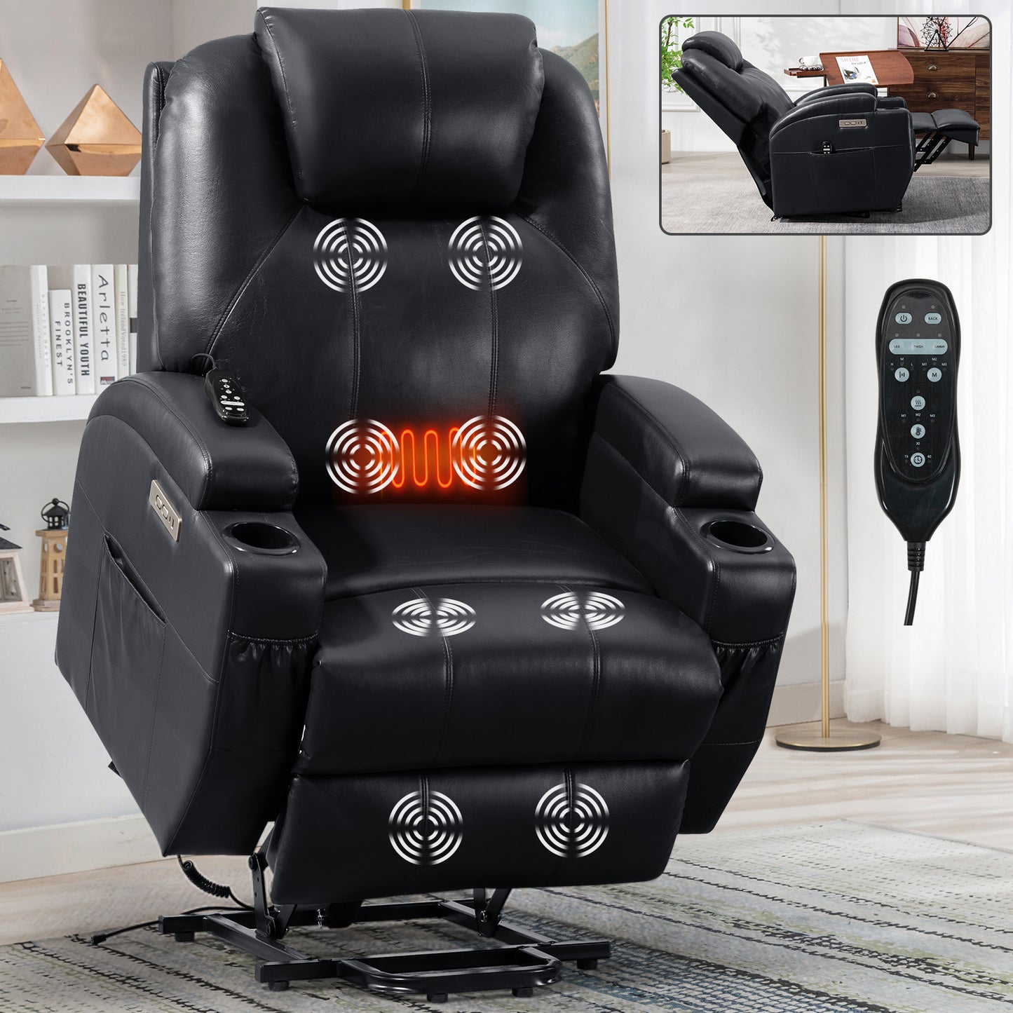 Electric Power Lift Recliner Chair with Massage, Heat, Cup Holders, and USB Port for Elderly - Black