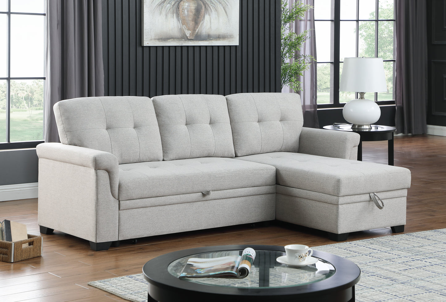 Lucca Light Gray Linen Sofa Bed with Reversible Storage Chaise