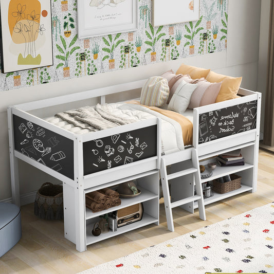 Twin Size Low Loft Bed with Two Movable Shelves and Ladder,with Decorative Guardrail Chalkboard,White(: WF283286AAK)