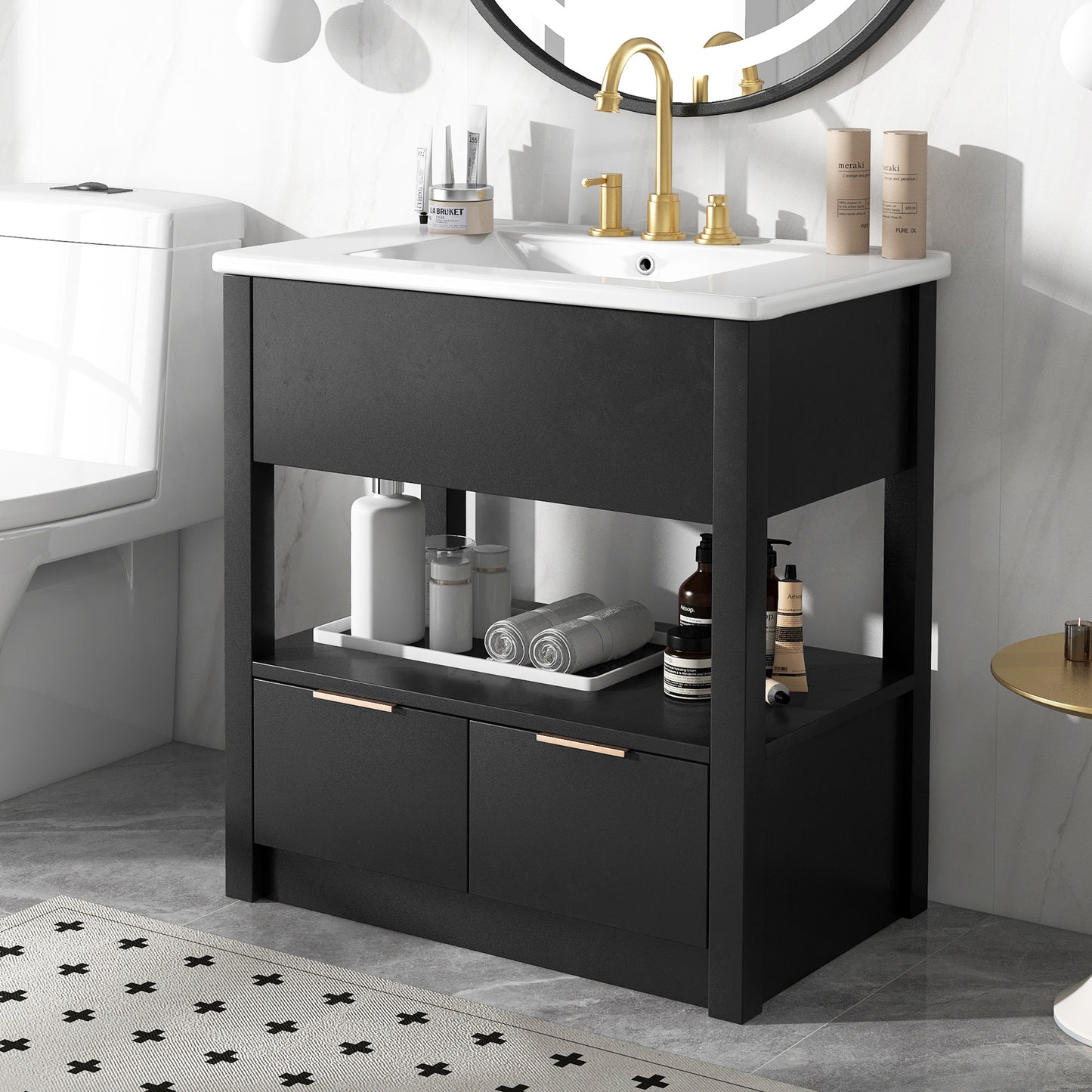 30" Bathroom Vanity with Sink Top, Bathroom Cabinet with Open Storage Shelf and Two Drawers, One Package, Black