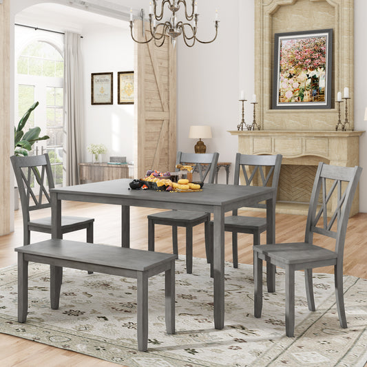 6-piece Wooden Kitchen Table set, Farmhouse Rustic Dining Table set with Cross Back 4 Chairs and Bench,Antique Graywash