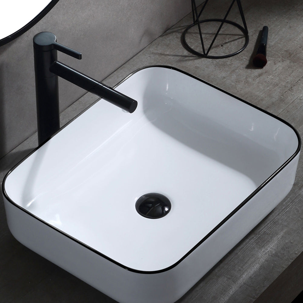 Black Gim Vessel Bathroom Sink Basin in White Ceramic Single Basin Ceramic Farmhouse Kitchen Sink with Basket Strainer