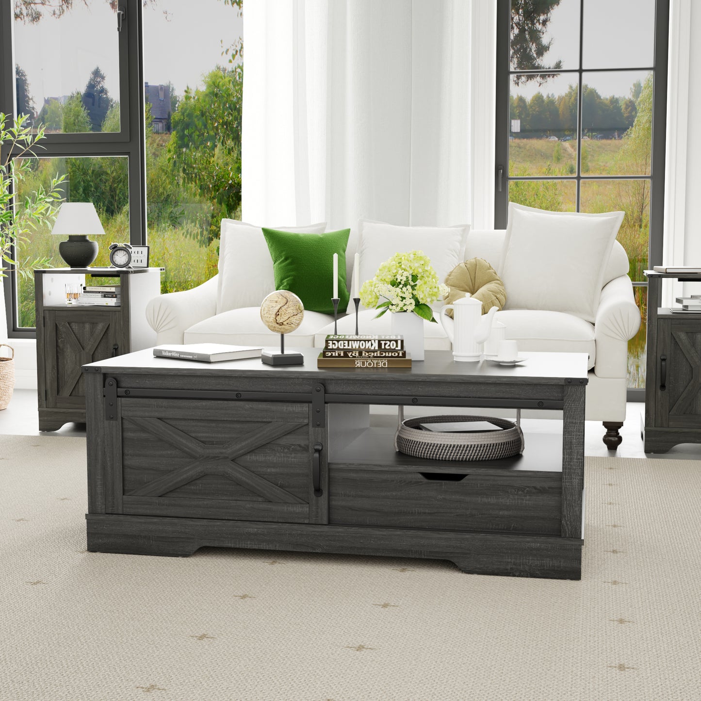 Rectangular Dark Gray Farmhouse Style Coffee Table with Sliding Barn Door Storage