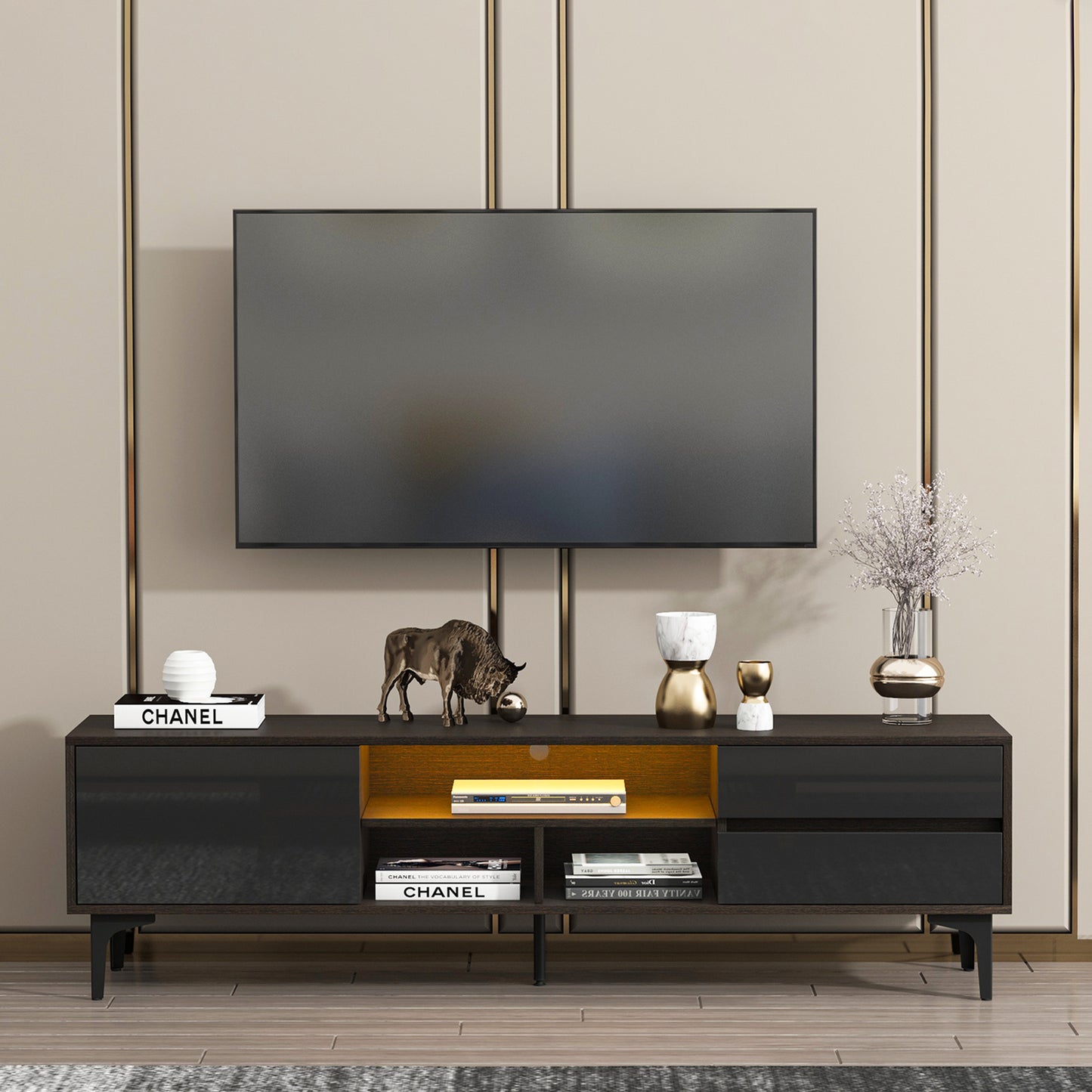 Entertainment Center TV Console with LED Lights and Drawers, Antique Brown and Black Stand