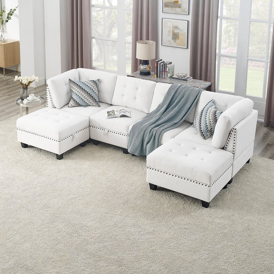 U-shaped Ivory Chenille Modular Sectional Sofa with DIY Combination