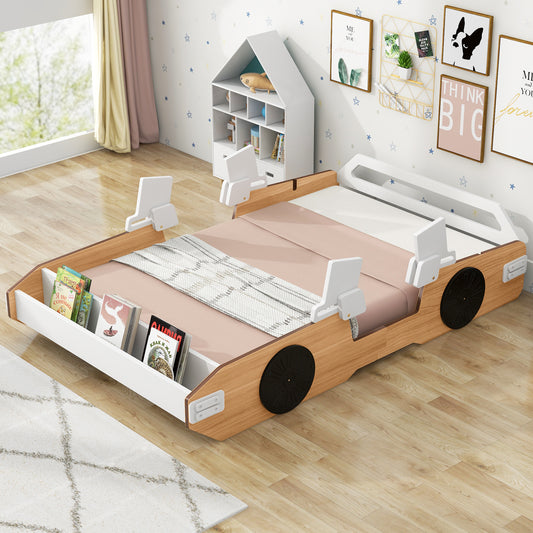 Wood Twin Size Racing Car Bed with Door Design and Storage, Natural+White+Black