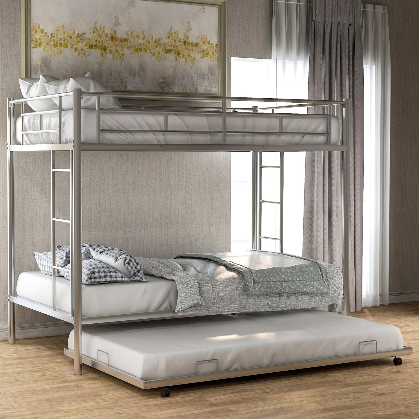 Silver Metal Twin Bunk Bed with Trundle - Smart Space-Saving Solution