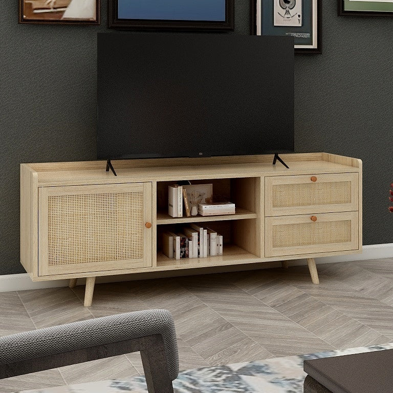 Elegant Mid Century Boho TV Stand with Rattan-Decorated Doors, Versatile Storage, and Modern Design - Wooden Media Console Table with Drawers