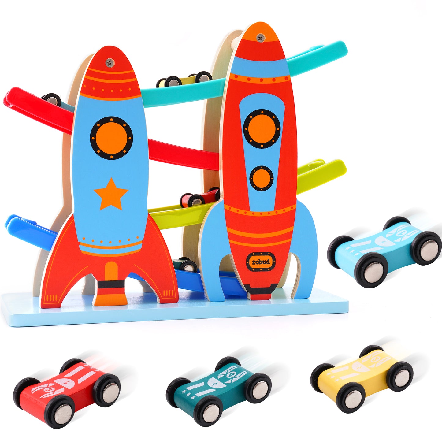 Colorful Wooden Toy Car Ramp Racer Set with 4 Cars