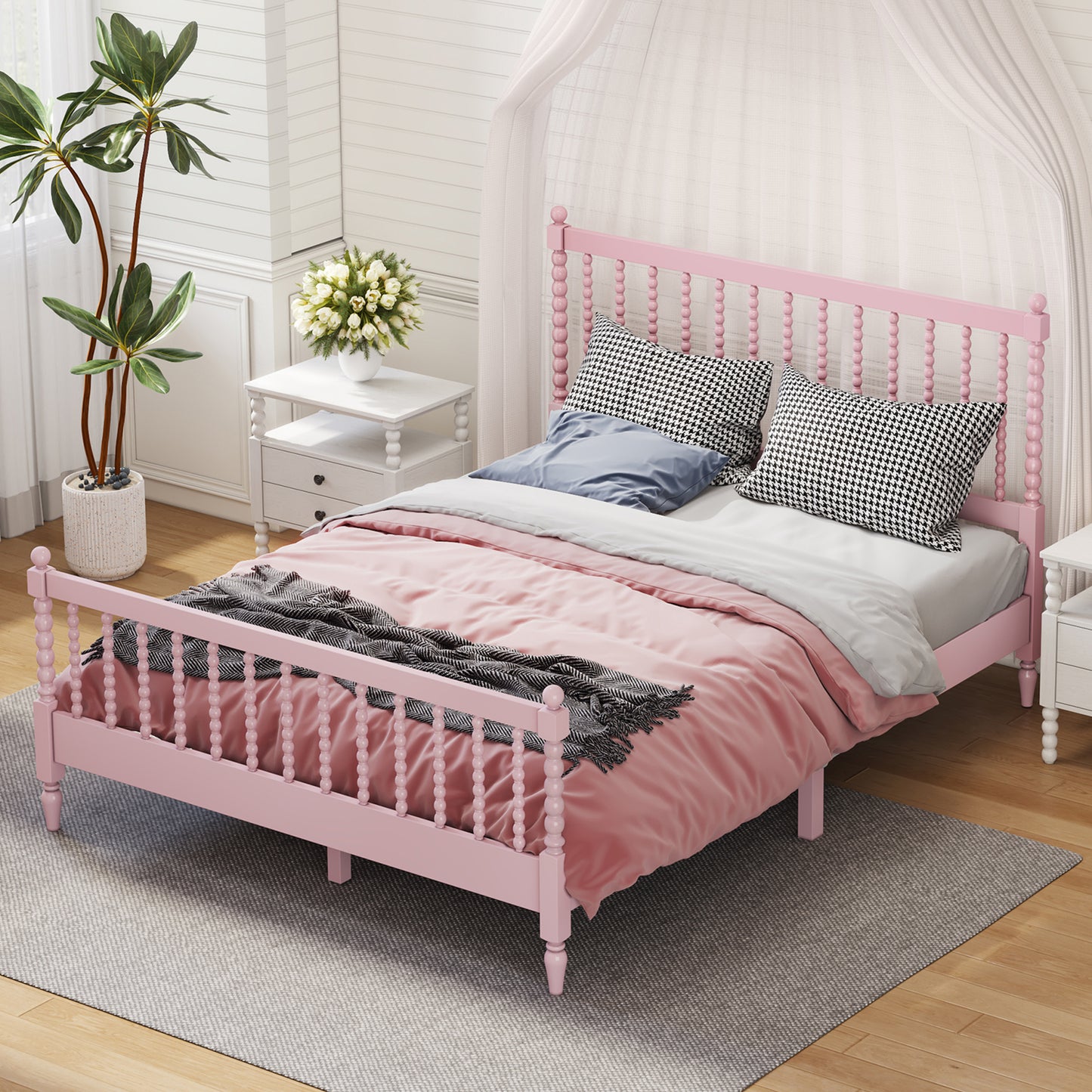 Queen Size Wood Platform Bed with Gourd Shaped Headboard and Footboard,Pink