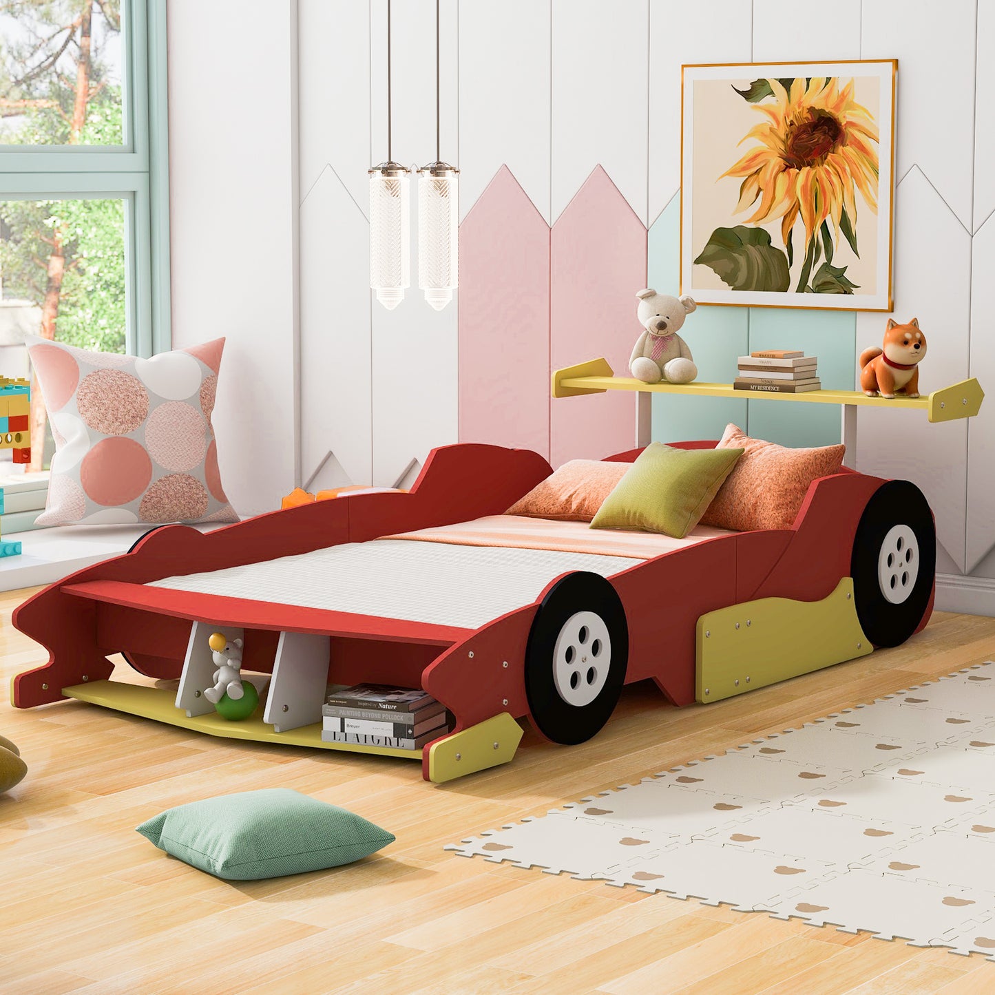 Full Size Race Car-Shaped Platform Bed with Wheels,Red