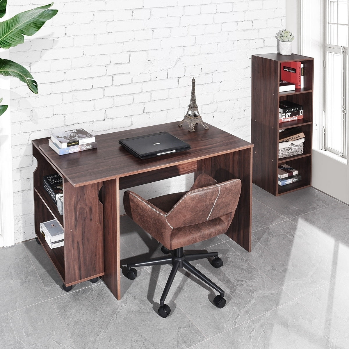 47.4 Rustic Brown Computer Desk with Movable Bookshelf