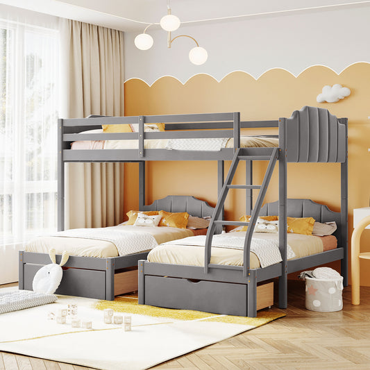 Gray Velvet Triple Bunk Bed with Full Over Twin & Twin, Drawers, Guardrails, and Space-Saving Design