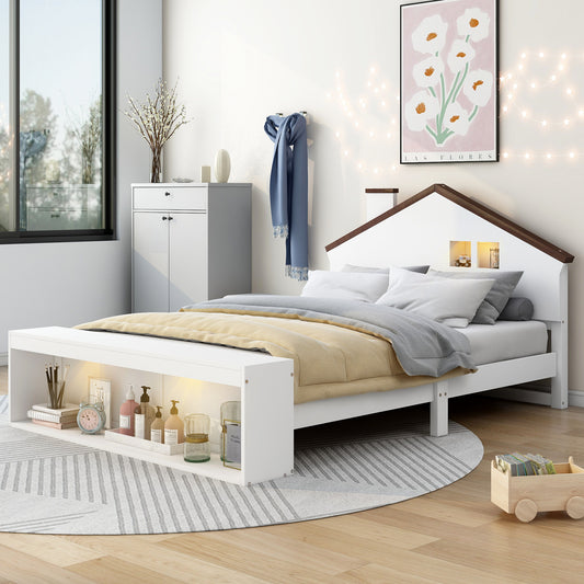 Full Size House Platform Bed with LED Lights and Storage, White