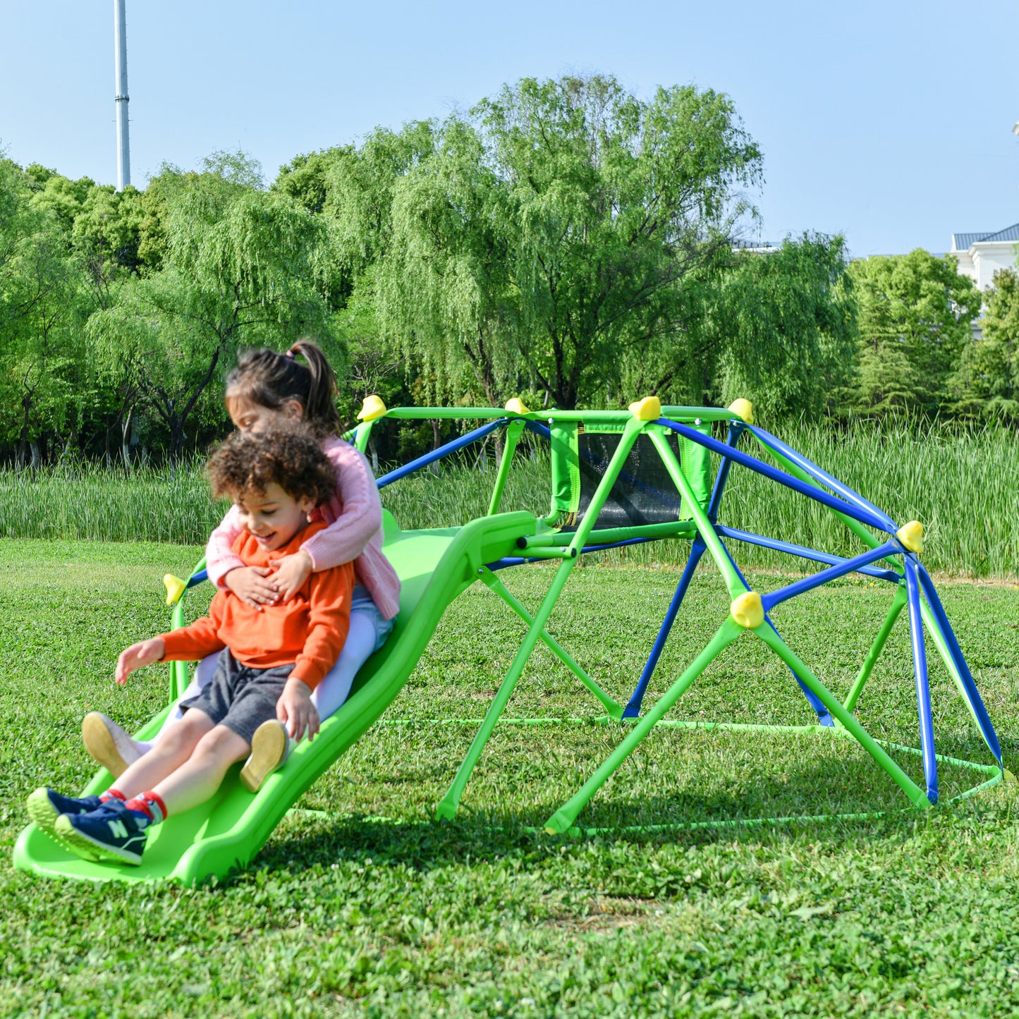 Kids Climbing Dome Jungle Gym with Wave Slide - Outdoor and Indoor Playground for Active Play