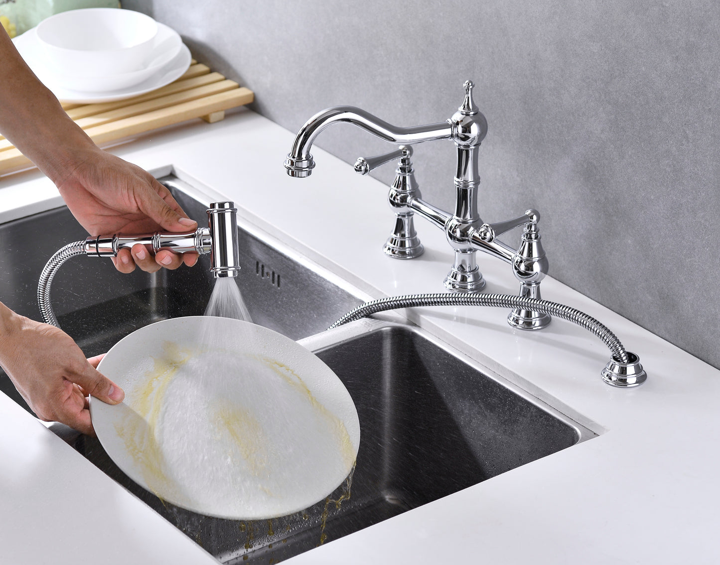 Bridge Dual Handles Kitchen Faucet With Pull-Out Side Spray in