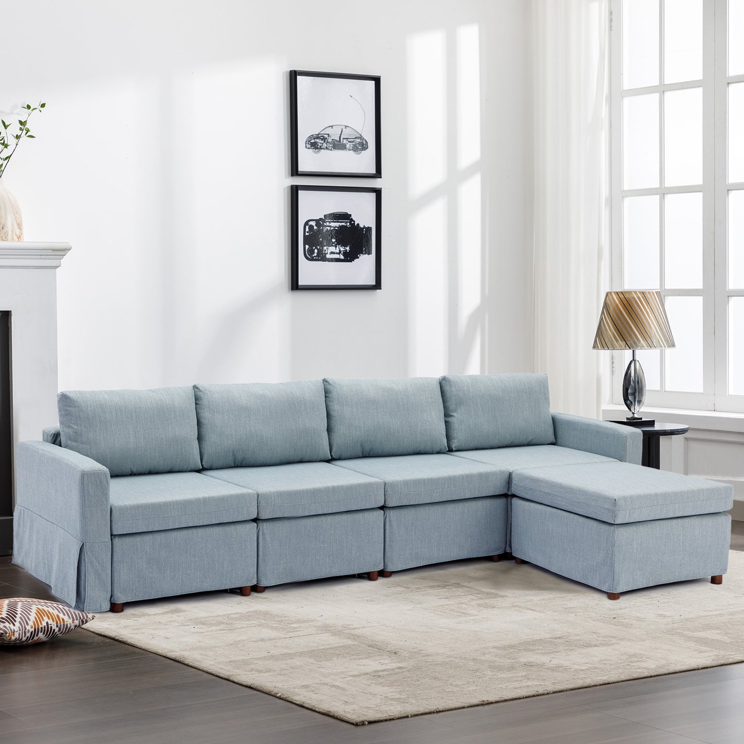 3-Piece Light Blue Sectional Sofa Set with Ottoman and Washable Cushions