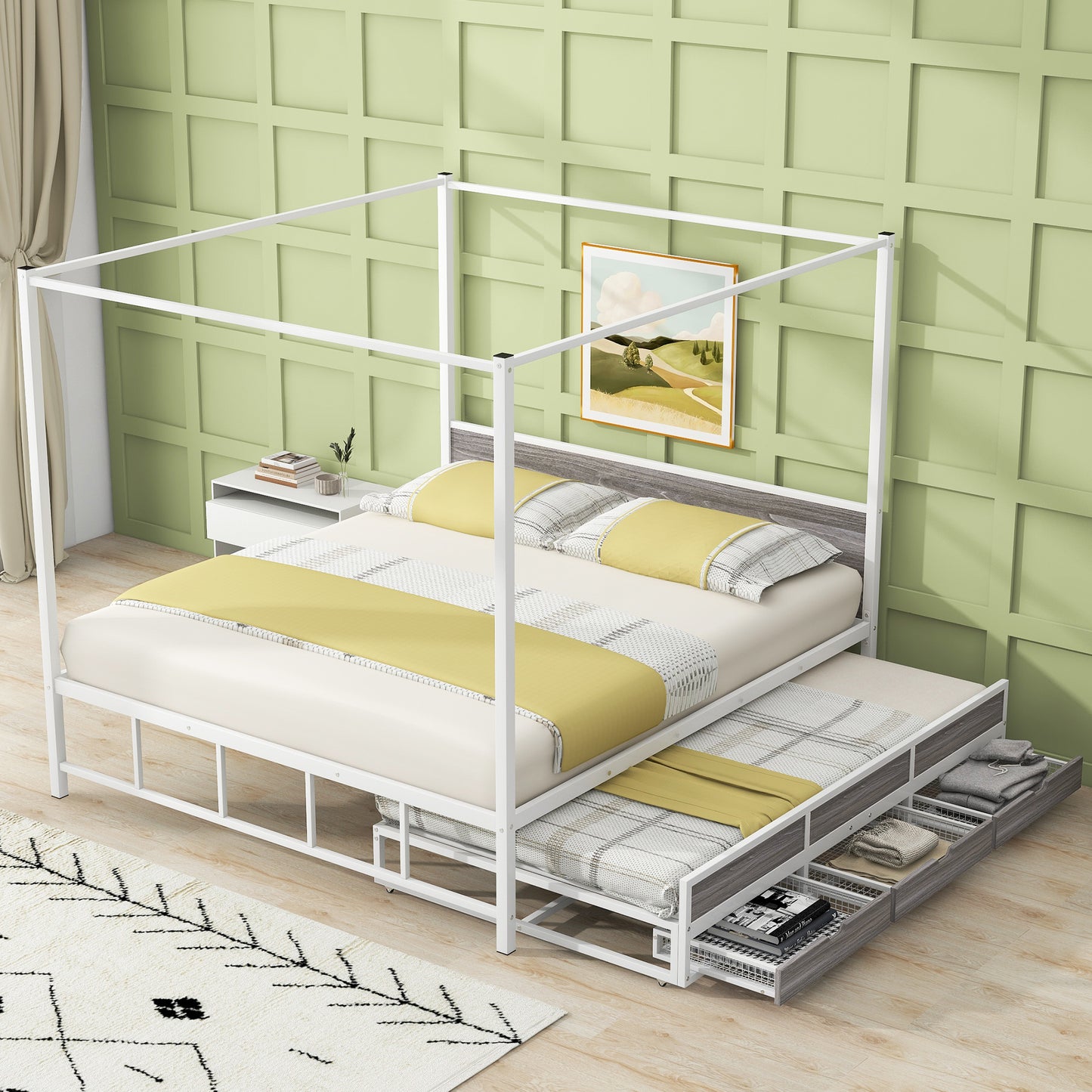 Queen Size Metal Canopy Platform Bed with Twin Size Trundle and 3 Storage Drawers, White