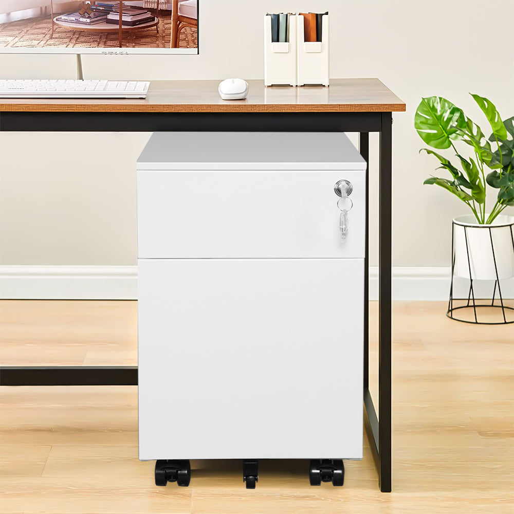 2 Drawer Mobile File Cabinet with Lock, Fully Assembled - White