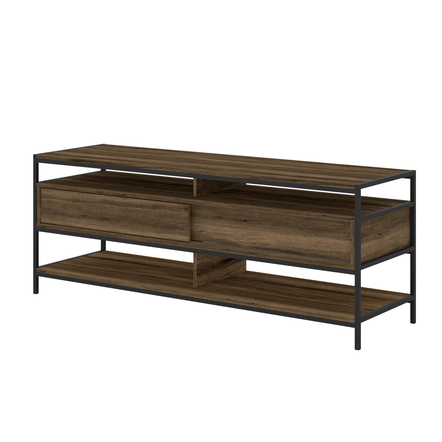 58 Inch Modern Wood and Metal TV Stand with 2 Drawers, Brown and Black