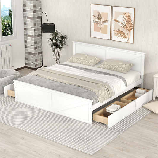 King Size Wooden Platform Bed with Four Storage Drawers and Support Legs, White