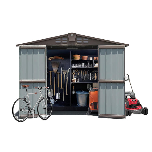 Outdoor Storage Shed 8.2' x 6.2', Metal Steel Utility Tool Shed Storage House with Double Lockable Doors & Air Vents for Backyard Patio Garden Lawn Brown