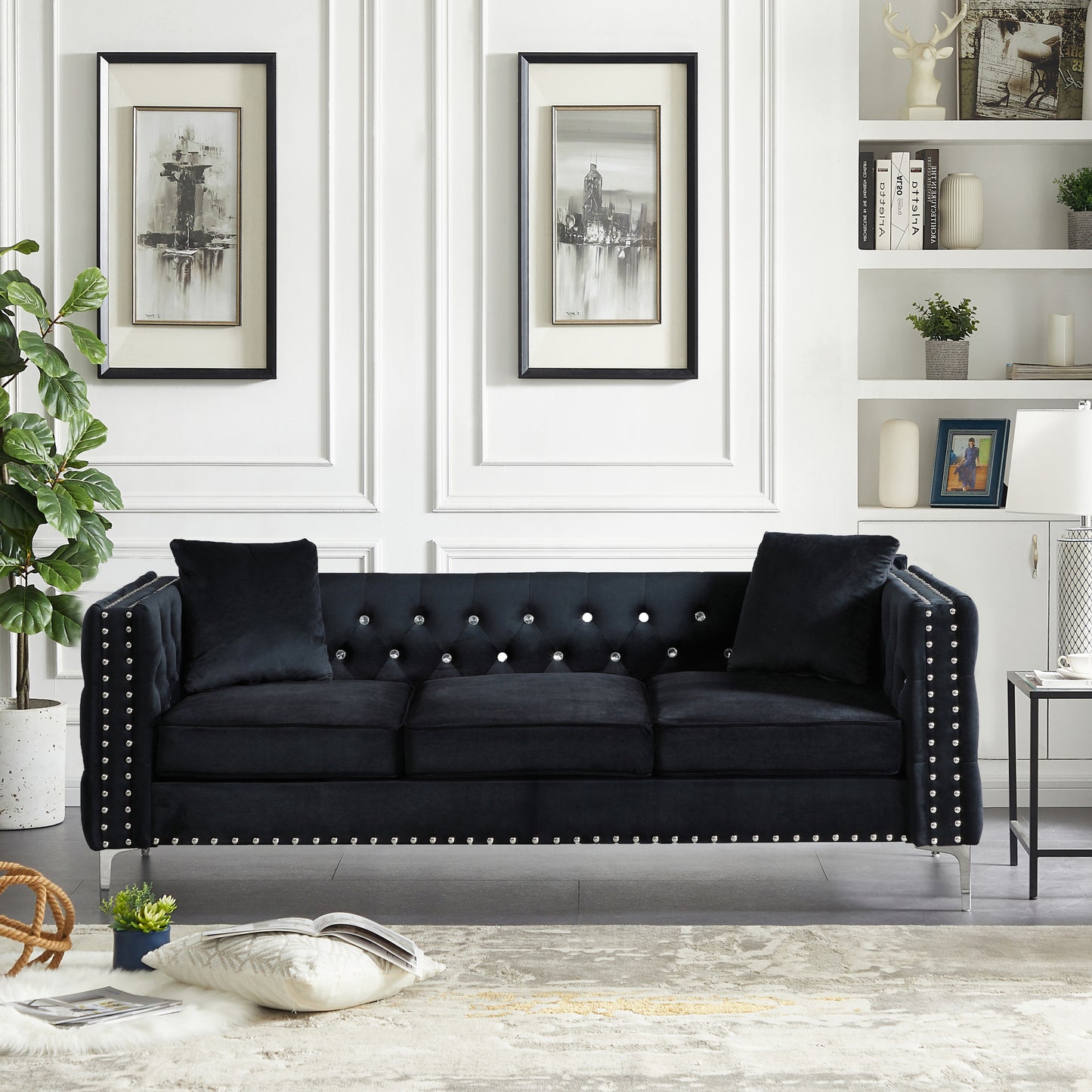 Modern Black Velvet Sofa with Jeweled Buttons and Tufted Square Arms, Including 2 Pillows