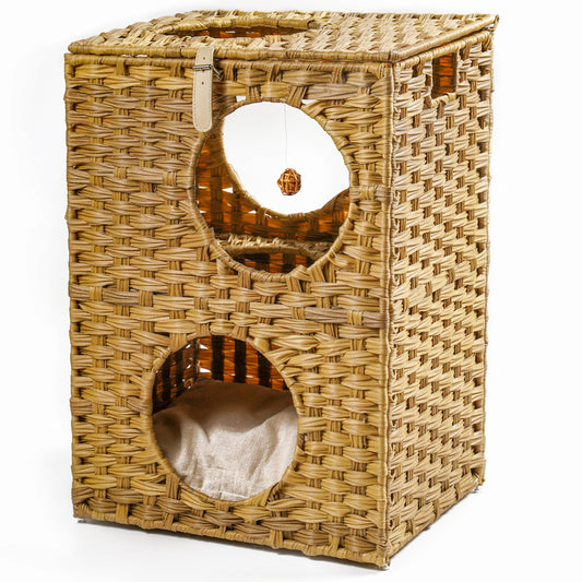 Rattan Cat Litter,Cat Bed with Rattan Ball and Cushion, Brown