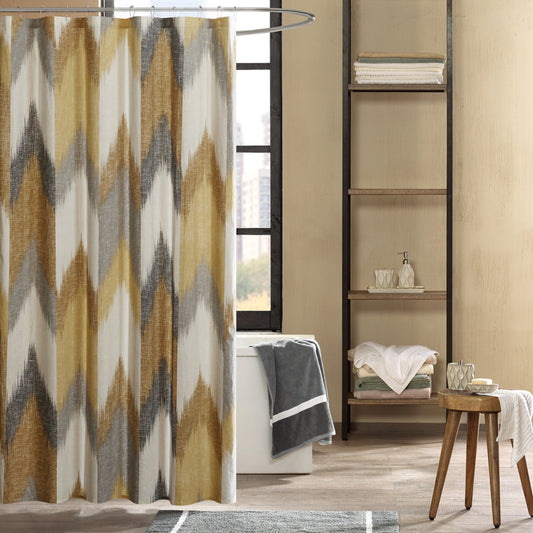 Yellow and Taupe Chevron Printed Cotton Shower Curtain