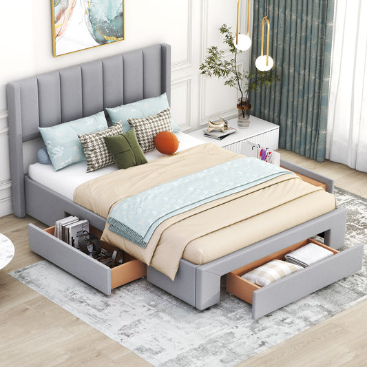 Full Size Upholstered Platform Bed with One Large Drawer in the Footboard and Drawer on Each Side,Gray