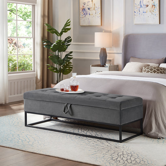 58.6" Bed Bench Metal Base with Storage Grey Velvet