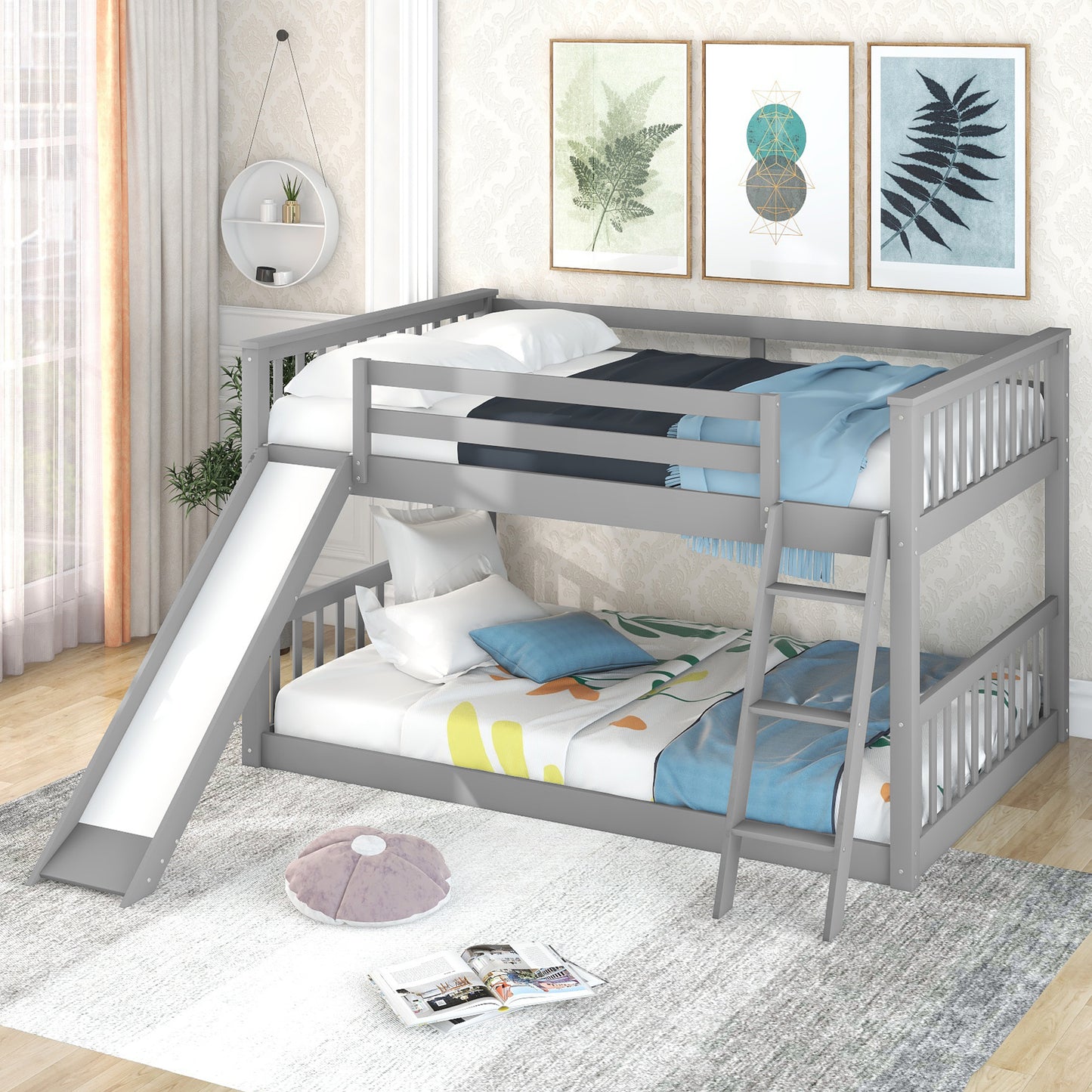 Gray Full Bunk Bed with Slide, Reversible Ladder, and Modern Design