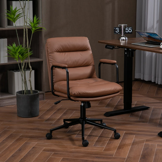 Office Chair,Mid Back Home Office Desk Task Chair with Wheels and Arms Ergonomic PU Leather Computer Rolling Swivel Chair with Padded Armrest,The back of the chair can recline 40° (Brown)