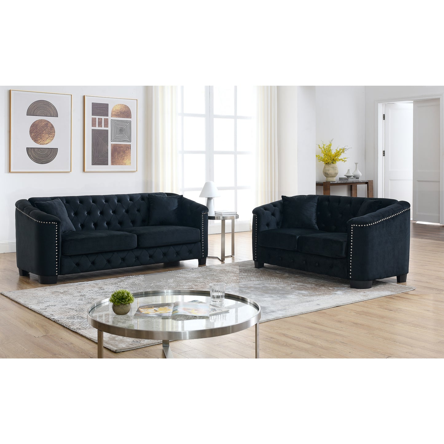 Stylish Black Velvet Combination Sofa Set with Nailhead Trim