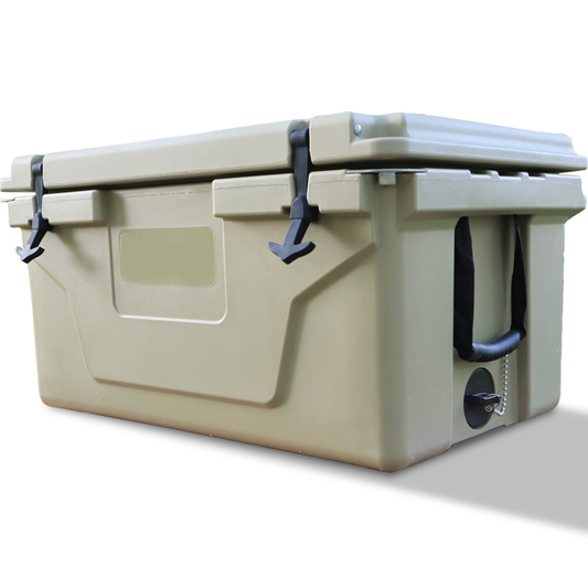 65 Quart Khaki Ice Cooler Box with Fishing Gauge Ruler and Built-In Bottle Opener