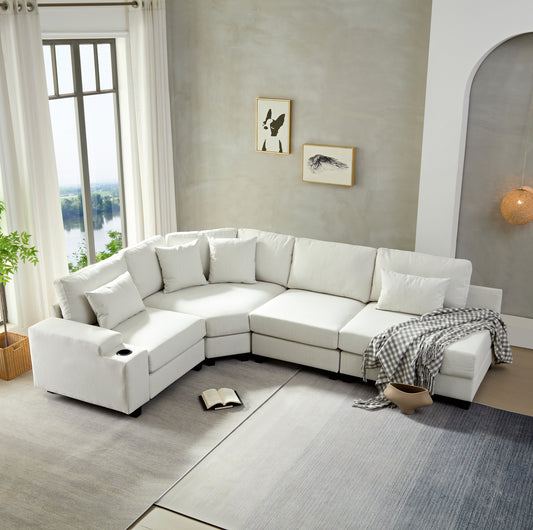 U_Style Stylish Modular Sofa Sectional with Polyester Upholstery with 4 Pillows, 1 Cup Holder with Free Combination for Living Room